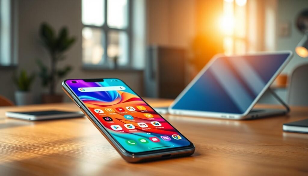 A modern and sleek smartphone on a wooden desk, showcasing its customizable interface. In the foreground, the phone displays a vibrant and dynamic home screen filled with colorful app icons, resembling both One UI and Pixel UI designs. The middle ground features subtle elements like an open laptop with a complementary color scheme, indicating tech-savvy flexibility. The background is blurred, featuring an office environment with soft lighting, creating a calm yet productive atmosphere. Warm sunlight filters through a nearby window, casting gentle shadows. The mood is innovative and inviting, highlighting the contrast between customization and simplicity in smartphone interfaces. Focus on a professional aesthetic, avoiding any clutter. A modern and sleek smartphone on a wooden desk, showcasing its customizable interface. In the foreground, the phone displays a vibrant and dynamic home screen filled with colorful app icons, resembling both One UI and Pixel UI designs. The middle ground features subtle elements like an open laptop with a complementary color scheme, indicating tech-savvy flexibility. The background is blurred, featuring an office environment with soft lighting, creating a calm yet productive atmosphere. Warm sunlight filters through a nearby window, casting gentle shadows. The mood is innovative and inviting, highlighting the contrast between customization and simplicity in smartphone interfaces. Focus on a professional aesthetic, avoiding any clutter.
