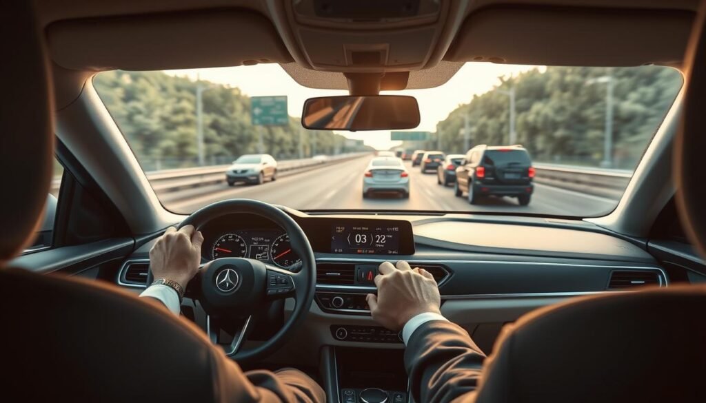 A modern car interior equipped with advanced adaptive cruise control features, showcasing a digital dashboard displaying speed and distance indicators. The foreground includes a driver's hands on the steering wheel, dressed in professional business attire, focused on the road ahead. In the middle, the cabin is stylish and sleek, with state-of-the-art technology emphasizing safety. The background reveals a busy highway with other vehicles maintaining safe distances, demonstrating the technology in action. Soft, natural lighting illuminates the interior, creating a calm and secure atmosphere. The image conveys a sense of innovation and safety, highlighting the importance of adaptive cruise control in enhancing long-distance driving security.
