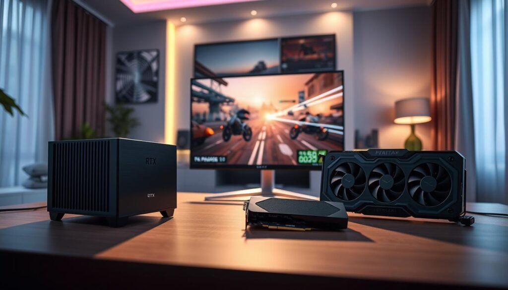 A modern compact gaming setup showcasing a Mini STX PC prominently in the foreground, elegantly designed with sleek lines and a sophisticated color palette. Beside it, an RTX 4060 Mobile graphics card is displayed, highlighting its advanced architecture. In the middle ground, a high-resolution monitor reveals a vibrant gaming scene with ray-tracing effects, creating an engaging atmosphere. The background features a stylish gaming room with ambient lighting, emphasizing a contemporary aesthetic. Soft light filters through the window, casting dynamic shadows and enhancing the high-tech feel. The overall mood is exciting and inviting, ideal for considering an important gaming purchase.