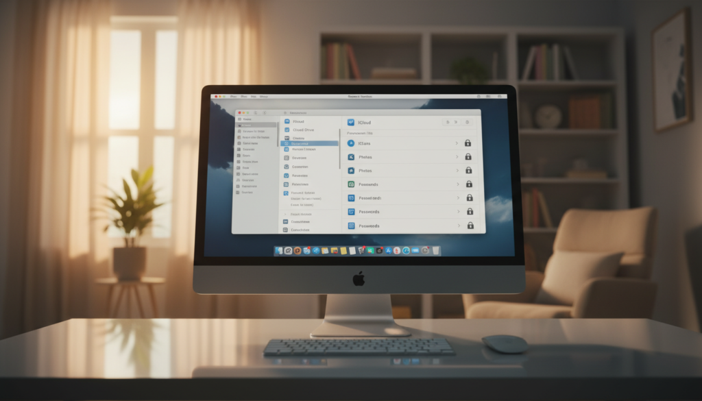 A modern computer interface displaying system settings on a Mac, featuring a clean and sleek design. The foreground showcases a bright screen with an active settings menu, focusing on iCloud and Keychain options. In the middle, soft reflections of a keyboard and a mouse add depth, while the background includes a softly blurred home office environment with warm lighting, enhancing the tech-oriented atmosphere. Use a wide-angle lens effect to emphasize the screen and create an immersive feel. The mood should be professional and tidy, evoking a sense of troubleshooting and resolution, suitable for a technology-focused article without any text or overlays. A modern computer interface displaying system settings on a Mac, featuring a clean and sleek design. The foreground showcases a bright screen with an active settings menu, focusing on iCloud and Keychain options. In the middle, soft reflections of a keyboard and a mouse add depth, while the background includes a softly blurred home office environment with warm lighting, enhancing the tech-oriented atmosphere. Use a wide-angle lens effect to emphasize the screen and create an immersive feel. The mood should be professional and tidy, evoking a sense of troubleshooting and resolution, suitable for a technology-focused article without any text or overlays.