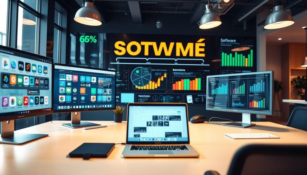 A modern digital workspace portraying different types of software categorized by classification and distribution. In the foreground, several computer screens display user-friendly interfaces of various software applications, showcasing elements like icons for mobile apps, web browsers, and desktop software. The middle ground features a sleek, contemporary desk with a laptop and productivity tools, illustrating a tech-savvy environment. The background includes a large digital display emphasizing software trends and statistics. The lighting is bright and inviting, creating a professional ambiance with a focus on innovation. The perspective is a slightly elevated angle, capturing a dynamic workspace atmosphere, reflecting the evolution of software in today’s technology-driven world.