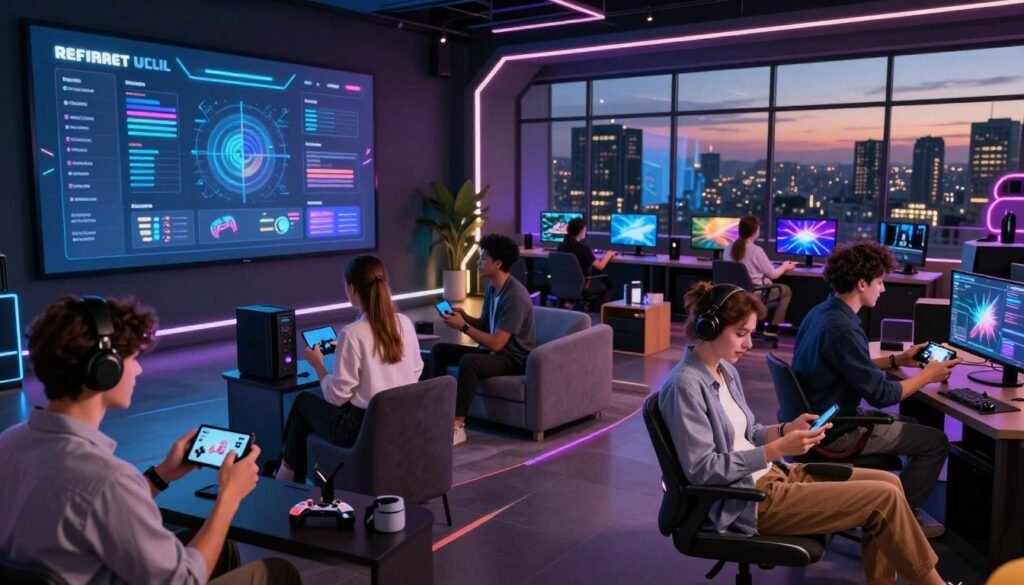 A modern game release platform showcasing a sleek digital interface on a large screen. In the foreground, a diverse group of young adults in professional casual clothing eagerly interacts with various gaming consoles and mobile devices. The middle ground features an expansive, futuristic gaming lounge filled with vibrant LED lights and stylish furniture, creating an inviting atmosphere. The background includes large windows displaying a city skyline, illuminated by a twilight sky. Soft ambient lighting highlights the excitement on the faces of the players. Capture a dynamic angle, focusing on the interaction between users and the technology, embodying a sense of innovation and community in the gaming world.