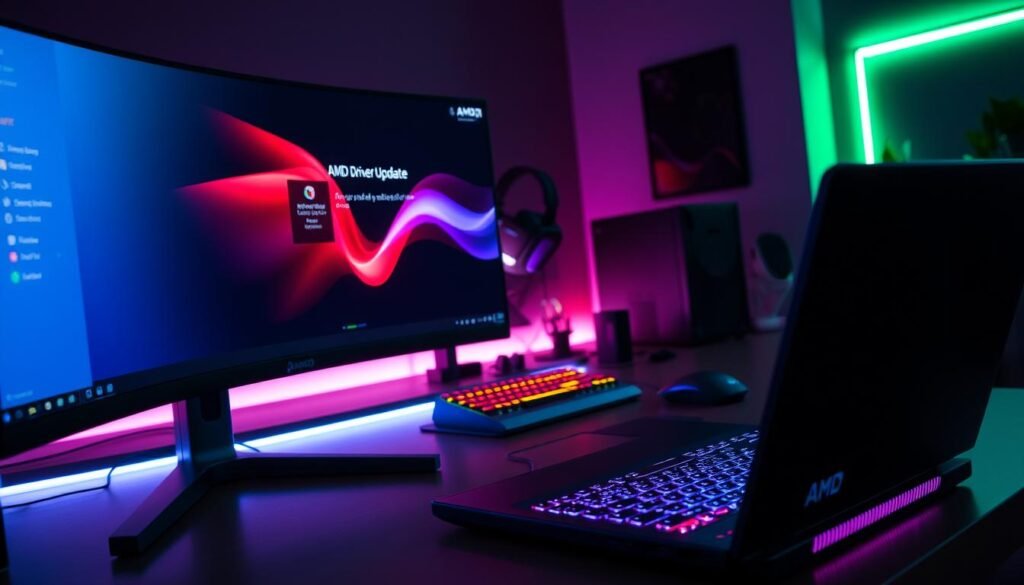 A modern gaming setup with a high-resolution monitor displaying a vibrant desktop interface of AMD driver update software. In the foreground, there’s a sleek gaming laptop with glowing RGB keyboard and a small AMD logo on the casing. The middle ground features a well-organized desk with gaming peripherals, such as a mechanical keyboard, gaming mouse, and a stylish headset. Background elements include a dimly lit room with accent lighting, creating an immersive gaming atmosphere. Soft, colorful LED lights illuminate the space, enhancing the tech-savvy mood. The scene conveys a sense of excitement and professionalism, perfect for showcasing the importance of updating AMD drivers for optimal gaming performance. A modern gaming setup with a high-resolution monitor displaying a vibrant desktop interface of AMD driver update software. In the foreground, there’s a sleek gaming laptop with glowing RGB keyboard and a small AMD logo on the casing. The middle ground features a well-organized desk with gaming peripherals, such as a mechanical keyboard, gaming mouse, and a stylish headset. Background elements include a dimly lit room with accent lighting, creating an immersive gaming atmosphere. Soft, colorful LED lights illuminate the space, enhancing the tech-savvy mood. The scene conveys a sense of excitement and professionalism, perfect for showcasing the importance of updating AMD drivers for optimal gaming performance.