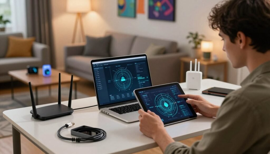 A modern home office setting with a sleek desk featuring a high-tech router, a laptop displaying a network diagnostics screen, and various tools like a WiFi extender and Ethernet cables. In the foreground, a focused professional in smart casual attire is examining the network diagrams on a tablet, showing active troubleshooting. The middle ground includes a cozy living space with a stylish couch and a coffee table with tech gadgets. Soft, warm lighting creates an inviting atmosphere, emphasizing the theme of practical solutions for slow WiFi. The background has a wall with colorful tech-themed artwork, enhancing the modern vibe, while a subtle depth of field adds focus to the subject.