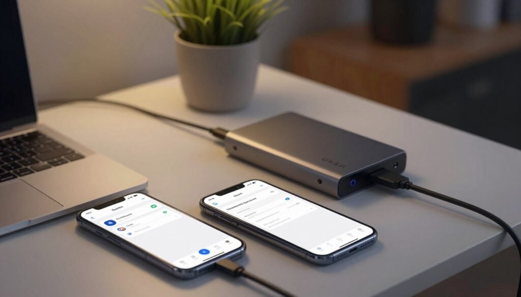 A modern, minimalist workspace featuring a smartphone connected to an external hard drive, symbolizing automated backup without a laptop. In the foreground, the smartphone displays the Google Photos app, showcasing a seamless interface. In the middle, the external hard drive has a sleek design, illuminated by soft, warm lighting to evoke a sense of efficiency and productivity. The background includes a neatly arranged desk with a potted plant and a subtle hint of a home office environment, maintaining a professional and organized look. The overall mood is calm and focused, suggesting an effortless, streamlined backup process each night. The scene is shot from a slightly elevated angle to capture all elements harmoniously.