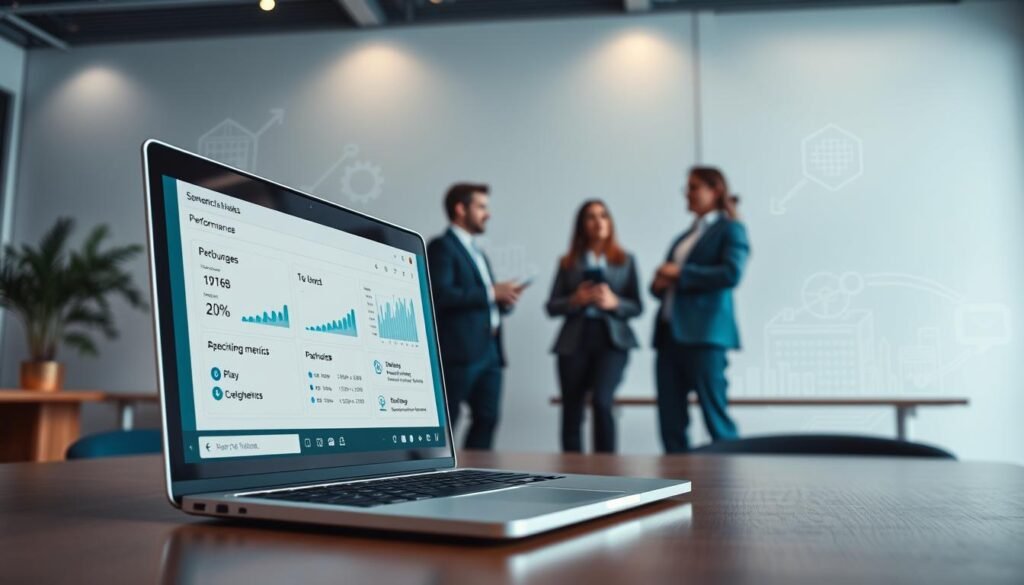 A modern office environment showcasing the characteristics of software in a visually engaging way. In the foreground, a sleek and stylish laptop with an open window displaying performance metrics and software features. In the middle ground, a diverse group of professionals dressed in smart business attire, collaborating and discussing the software on the laptop screen. The background features a minimalistic design with soft lighting that emphasizes a tech-savvy atmosphere, including abstract representations of software algorithms and data flow. The overall mood is dynamic and innovative, highlighting the efficiency and functionality of modern software solutions. The angle is slightly elevated, capturing both the laptop and the engaged professionals, creating a sense of teamwork and technology.