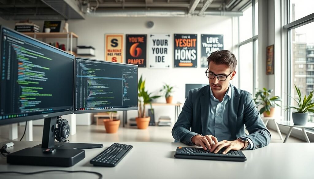 A modern office setting features a split-screen view of two computer screens: one displaying VSCode and the other showcasing a JetBrains IDE. In the foreground, a focused programmer, dressed in smart casual attire, sits at a sleek desk, typing intently on a mechanical keyboard. The environment is bright and inviting, illuminated by natural light streaming through large windows. On a shelf, programming books and tech gadgets hint at the programmer's passion for coding. In the middle ground, potted plants add a touch of greenery, enhancing the creative atmosphere. The background showcases an organized workspace with inspirational posters related to programming and technology, emphasizing a professional yet relaxed mood. The overall atmosphere conveys a productive coding session, highlighting the benefits of using versatile tools like VSCode and IDEs.