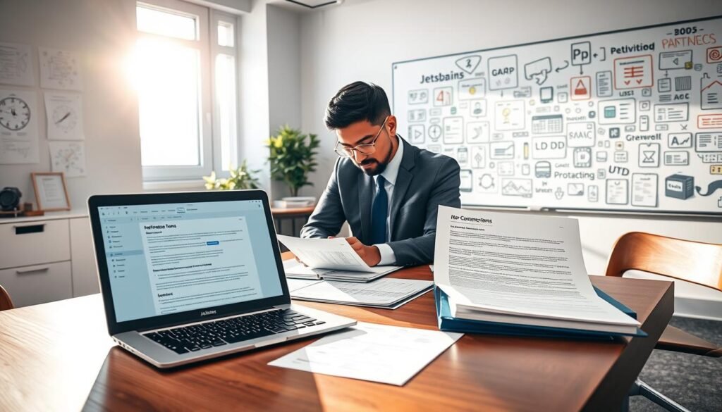A modern office setting illustrating the concept of JetBrains' non-commercial usage terms. In the foreground, an elegant wooden desk with a laptop displaying JetBrains' interface, surrounded by professional documents detailing licensing terms. A person of diverse background, dressed in smart business attire, is absorbing the information with focused interest. The middle ground features a bright window with natural sunlight streaming in, casting warm shadows. In the background, a whiteboard cluttered with project ideas and many programming-related visuals, emphasizing creativity and collaboration. The lighting is bright yet soft, creating an inviting atmosphere. The overall mood is professional and intellectual, highlighting legality and clarity in software usage.