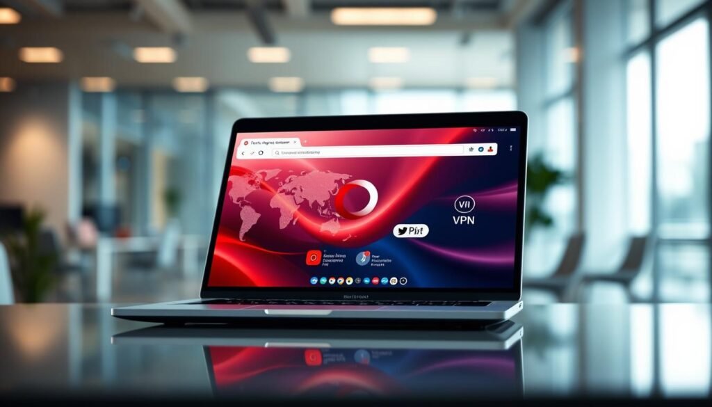 A modern, sleek representation of the Opera browser window on a digital interface, showcasing its integrated AI and VPN features. In the foreground, a polished laptop displays the Opera browser with a vibrant, user-friendly interface featuring AI tools and a VPN toggle icon. The middle ground includes a blurred but visually appealing office environment with a subtle digital map indicating global connections, symbolizing the VPN functionality. The background features soft, warm lighting that creates a conducive and innovative atmosphere. Use a shallow depth of field to focus on the laptop while keeping the office setting slightly out of focus. The overall mood is professional yet inviting, reflecting a blend of technology and productivity without any text elements or distractions.
