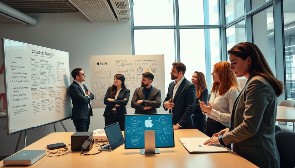 A modern, sleek workspace reflecting Apple's design philosophy, showcasing a whiteboard filled with strategic naming ideas and sketches for new product prototypes. In the foreground, diverse professionals in smart business attire collaborate, analyzing the concepts with focused expressions. The middle ground features high-tech devices and vibrant Apple branding elements, intertwined with diagrams illustrating naming trends and product strategies. The background depicts a bright, airy office space with large windows allowing natural light to illuminate the scene, creating an inspiring atmosphere. The composition, captured with a wide-angle lens, emphasizes innovation and teamwork, conveying a sense of excitement and forward-thinking. The lighting is bright and optimistic, highlighting the importance of branding and strategy in a dynamic corporate environment.