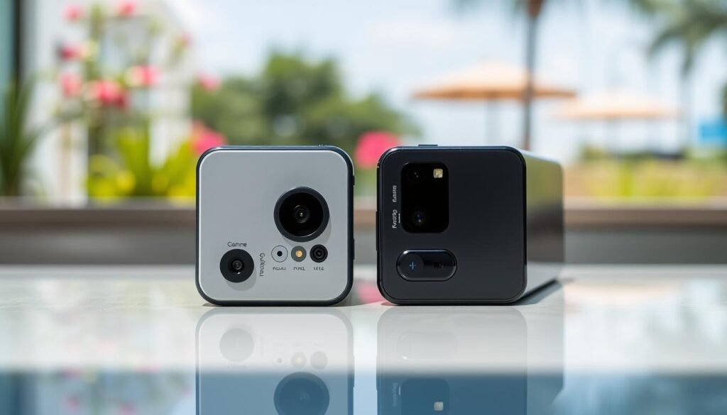 A modern smartphone camera system prominently displayed on a sleek, reflective surface. The foreground features the Google Pixel and Realme smartphones side by side, showcasing their distinct camera layouts and sensor arrangements. The middle ground includes a subtle background blur of a vibrant outdoor scene, hinting at the smartphones' photography capabilities. Soft natural lighting highlights the camera lenses, accentuating their design and tech details, such as lens count and sensor size. Capture the essence of innovation and competition, with an atmosphere of sleek professionalism, emphasizing quality versus quantity in smartphone cameras. Use a shallow depth of field to keep the focus on the phones, ensuring clarity and detail in the image.