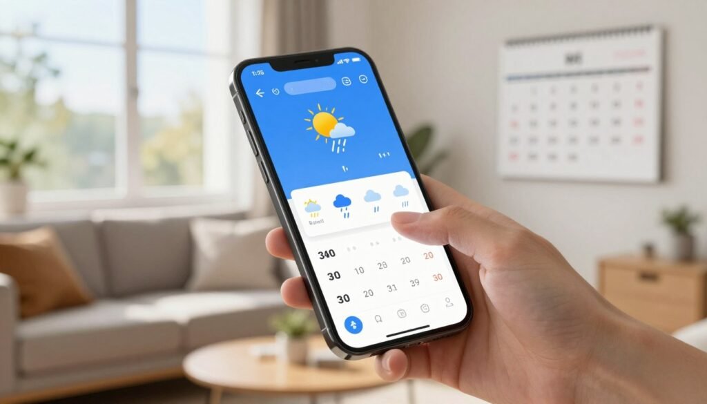 A modern smartphone displaying a sleek weather prediction app interface, showcasing clear graphical charts and lively icons representing various weather conditions like sun, rain, and clouds. In the foreground, a hand gently interacts with the screen, scrolling through a 30-day forecast. The middle ground features a cozy living room with a window showing a bright sunny day outside. Soft natural lighting filters through the window, creating an inviting atmosphere. In the background, a calendar on the wall highlights the month, reinforcing the theme of long-term weather planning. The overall mood is optimistic and practical, portraying how technology enhances daily life through accurate weather predictions.