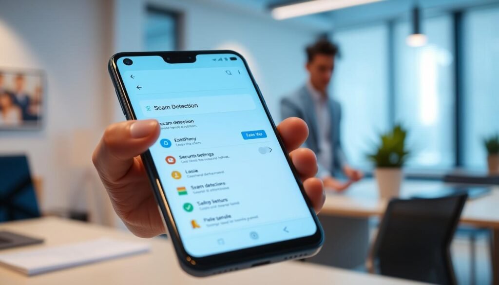 A modern smartphone displaying the Android 16 security settings interface focused on enabling scam detection features. In the foreground, a close-up of the phone screen shows sleek icons and toggles related to privacy and security, with vibrant colors and a user-friendly layout. The middle layer includes a soft-focused hand gently navigating the screen, the person wearing smart-casual attire, suggesting professionalism. In the background, a stylish office environment is depicted with soft, ambient lighting that creates a tech-forward atmosphere. A clean desk, with minimalistic design elements and a soft blur of plants, suggests a contemporary workspace. The overall mood is innovative and reassuring, emphasizing advanced technology and security.