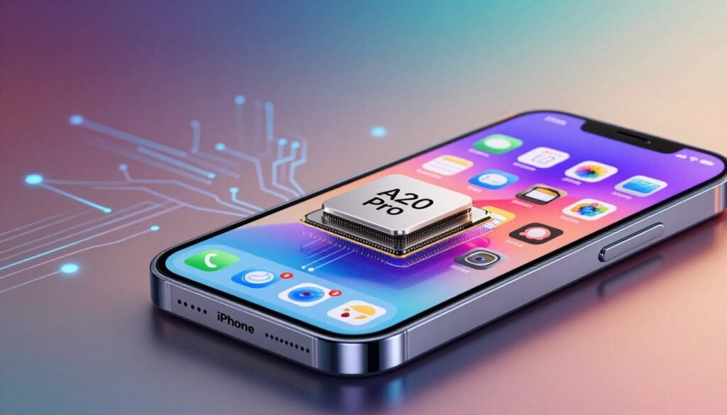 A modern smartphone, the iPhone 18, featuring the innovative A20 Pro chip prominently displayed in the foreground. The device should have a sleek, premium design with a glossy finish and a vibrant color, showcasing a bright screen with vivid app icons. In the middle ground, an abstract representation of advanced technology, like circuit patterns or digital graphics, subtly suggests enhanced performance and AI capabilities. The background is softly blurred with a gradient of colors to convey a high-tech atmosphere, emphasizing the phone's futuristic qualities. Use soft, natural lighting to highlight the reflections and textures on the phone's surface, with a shallow depth of field to draw focus on the device. The overall mood should be sophisticated and cutting-edge, reflecting the technical specifications and performance of the iPhone 18.
