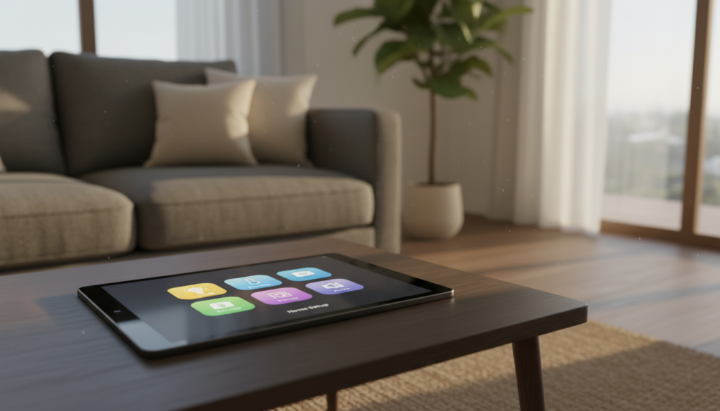 A modern, user-friendly home automation app interface displayed on a sleek tablet, resting on a stylish coffee table. In the foreground, the tablet screen shows vibrant icons for smart home accessories such as light bulbs, thermostats, and security cameras. The middle layer features cozy living room elements, including a comfortable couch and decorative plants, enhancing the homely feel. The background showcases a warm, softly lit space with natural light filtering through a window, creating an inviting atmosphere. The overall mood is tech-savvy and welcoming, suggesting ease of use for setting up home automation. The scene captures a blend of functionality and comfort, ideal for illustrating home setup preparations.