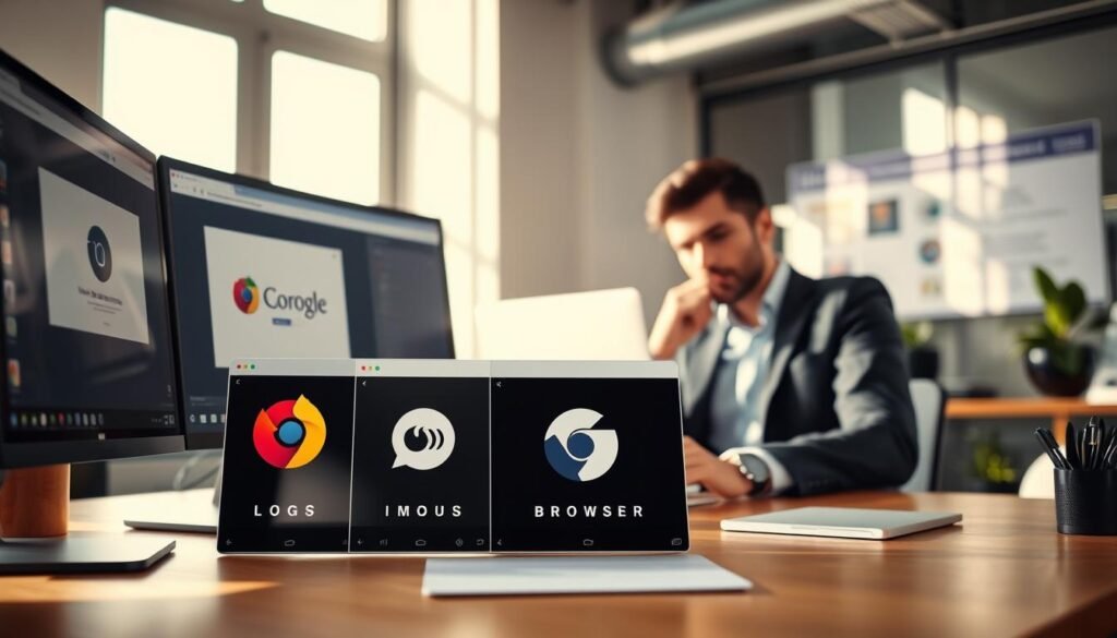 A modern workspace featuring a sleek computer setup displaying various lightweight web browser interfaces. In the foreground, detailed close-ups of browser symbols like a minimalistic logo and tabs. The middle ground showcases a professional individual in smart casual attire, thoughtfully researching browser options on their laptop. The background reveals a stylish office with soft natural lighting streaming through a window, casting gentle shadows. The mood is focused and productive, evoking a sense of clarity and efficiency. Capture this scene from a slightly elevated angle to create depth, emphasizing the importance of selecting the right browser.