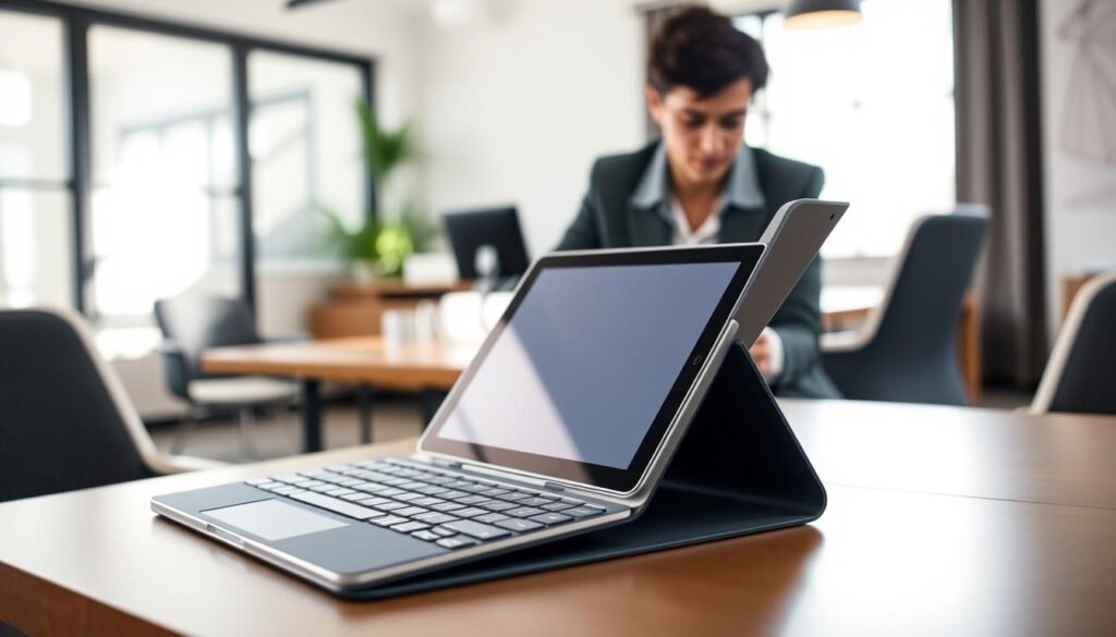 A modern workspace featuring an elegantly designed Smart Case for iPad with an integrated keyboard and trackpad, showcasing the sleek lines and functionality of the accessory. In the foreground, focus on the Smart Case opened, revealing the iPad with iOS interface visible, emphasizing its usability. In the middle ground, a professional wearing smart casual clothing is seated at a stylish desk, engaging with the device, highlighting the hands-on experience. The background includes a softly lit, contemporary office environment with minimalistic decor and a window allowing natural light to flood the space, creating a warm and inviting atmosphere. The scene should feel tech-savvy and innovative, capturing the essence of productivity and modern design.