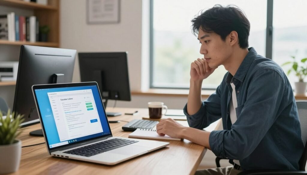A modern workspace in a well-lit home office, featuring a sleek computer setup on a wooden desk. In the foreground, a technical guide on a laptop screen is visible, showing Windows settings and cache options, with an organized workspace that includes a notepad and a cup of coffee. The middle ground showcases the user, a professional man in smart casual attire, thoughtfully analyzing the information. In the background, a large window with natural daylight streaming in creates a bright, inviting atmosphere, while a bookshelf filled with tech books adds an educational touch. The mood should be focused and productive, emphasizing the importance of preparation before clearing cache files on a Windows computer. The image should exhibit clarity and sharpness, with a slight depth of field to keep the focus on the subject and the workspace.
