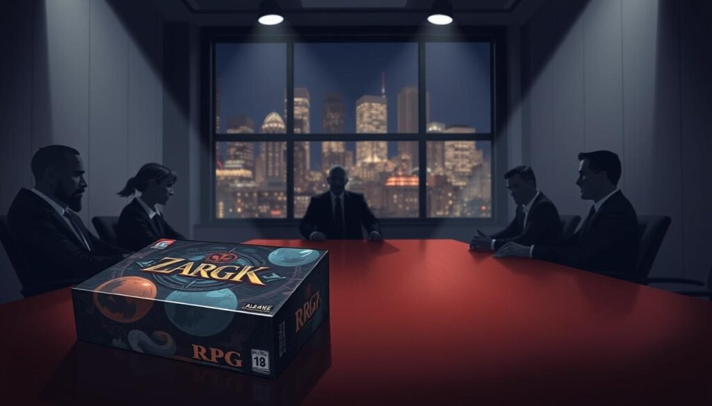 A mysterious boardroom scene set in a dimly lit, modern office environment, showcasing a large conference table surrounded by shadowy figures dressed in professional business attire, symbolizing high-stakes negotiations. The foreground features a glossy, animated game box of a fictional RPG, slightly tilted to catch the light, with intricate artwork depicting fantastical worlds. In the middle ground, blurred silhouettes of individuals deep in discussion, their expressions hinting at tension and intrigue, while a large window in the background reveals a night cityscape with glimmering lights, adding to the atmosphere of suspense and anticipation. The overall mood is one of secrecy and intrigue, with focused spotlighting illuminating key elements while casting soft shadows around the edges, suggesting hidden motives and undisclosed plans.