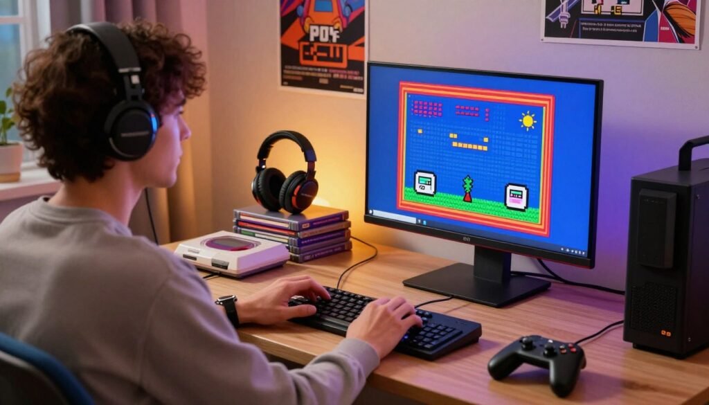A nostalgic scene depicting a person sitting at a modern desk, playing retro video games on a sleek Windows computer. In the foreground, the individual, dressed in casual attire with a focused expression, is engrossed in a pixelated game displayed on the monitor, showcasing vibrant graphics reminiscent of the 80s and 90s. The middle ground features a vintage gaming console and a stack of old game cartridges, blending seamlessly with contemporary gadgets like gaming headphones and a USB controller. In the background, soft ambient lighting illuminates a vibrant room filled with posters of classic video games, creating a warm, nostalgic atmosphere that reflects the joy of gaming across generations. The angle captures the depth and detail of the gaming setup, emphasizing the blend of old and new technology.