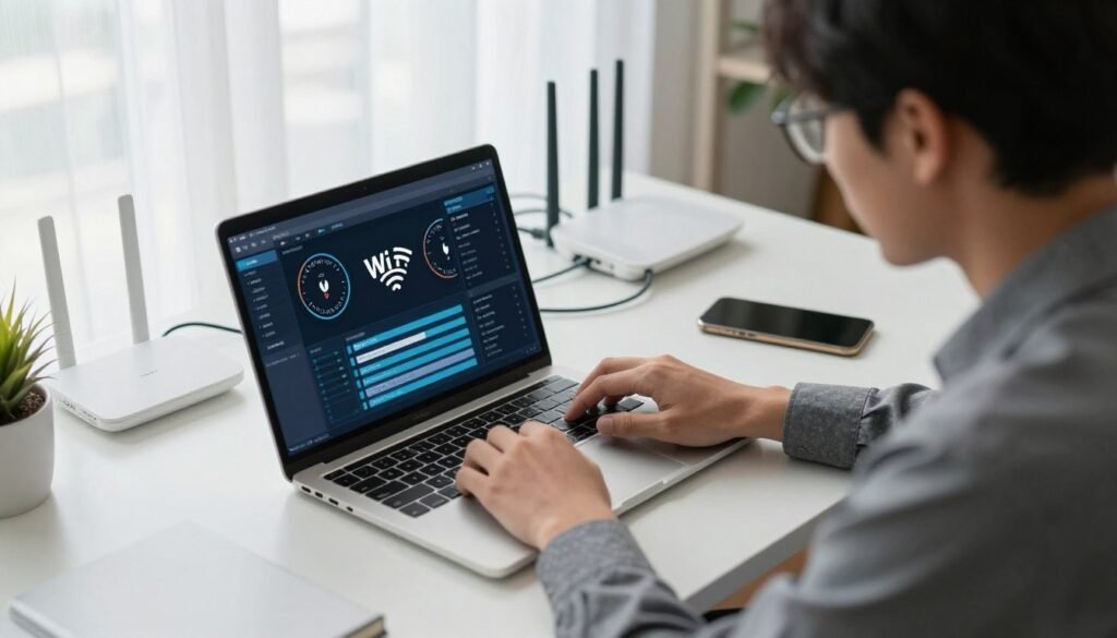 A person, dressed in smart casual attire, is seated at a modern desk, intently troubleshooting a sluggish Wi-Fi connection on their laptop. In the foreground, the laptop screen displays graphically rendered diagnostic tools and information about network speeds. The middle ground showcases a cluttered workspace with Wi-Fi routers, signal boosters, and connection cables. In the background, a bright, airy room with soft natural light filtering through sheer curtains creates a calm and focused atmosphere. The angle is slightly overhead to capture the workspace layout, emphasizing the devices involved in diagnosing the Wi-Fi issue. The overall mood is one of determination and focus, reflecting the effort to resolve connectivity problems effectively.