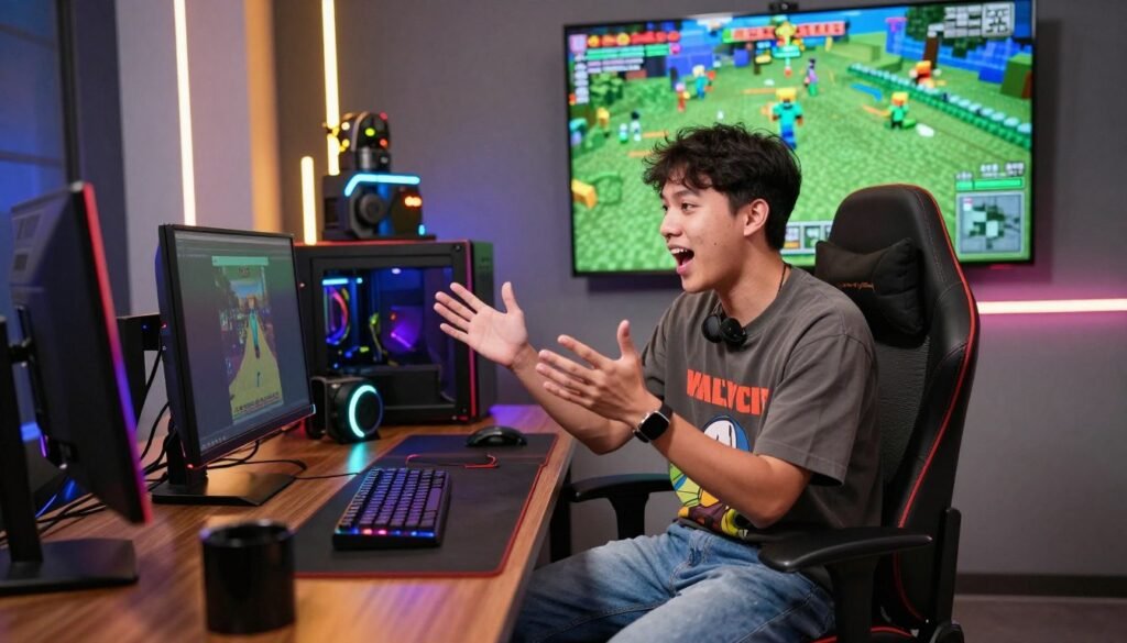A popular YouTuber with the highest subscriber count in Indonesia, featured in a stylish modern studio. In the foreground, the YouTuber, a young man wearing a stylish graphic t-shirt and casual jeans, is animatedly engaging with his audience while sitting at a sleek desk adorned with gaming equipment. His expression is enthusiastic, reflecting passion for gaming. In the middle ground, colorful LED lights and gaming paraphernalia create an energetic atmosphere, enhancing the excitement. The background showcases a large screen displaying engaging Minecraft gameplay footage, accentuated by motion effects. The lighting is bright and dynamic, casting a warm glow that captures the vibrant spirit of the content creation environment. The angle is slightly tilted to emphasize the action, creating an immersive feel.