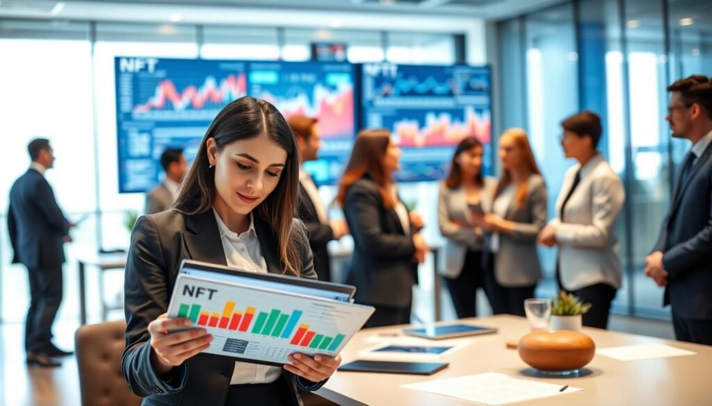 A professional and modern office environment featuring a diverse group of businesspeople engaged in discussions about NFT market trends and economic data. In the foreground, a focused professional woman examines colorful charts and graphs displayed on a digital tablet, showcasing market projections. The middle ground includes a large screen showing dynamic data visualizations related to NFTs, such as price movements and transaction volumes. The background consists of a sleek office space with glass walls, emphasizing a collaborative atmosphere, enhanced by soft, natural lighting filtering through the windows. The overall mood is one of innovation and optimism, capturing the essence of emerging economic opportunities presented by NFTs in 2025.