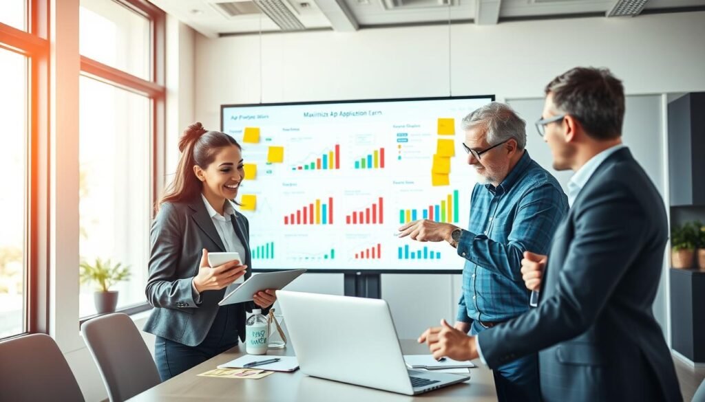 A professional business setting showcasing a diverse group of individuals collaborating on maximizing application earnings. In the foreground, a young woman in smart business attire is enthusiastically discussing data on a tablet, while a middle-aged man beside her points at a digital chart displayed on a laptop. In the middle, a large screen presents colorful graphs and statistics related to app revenue optimization, surrounded by sticky notes and project materials. The background features a bright, modern office with large windows letting in natural light. The atmosphere is dynamic and focused, reflecting a spirit of innovation and teamwork, captured from a slightly elevated angle for depth.