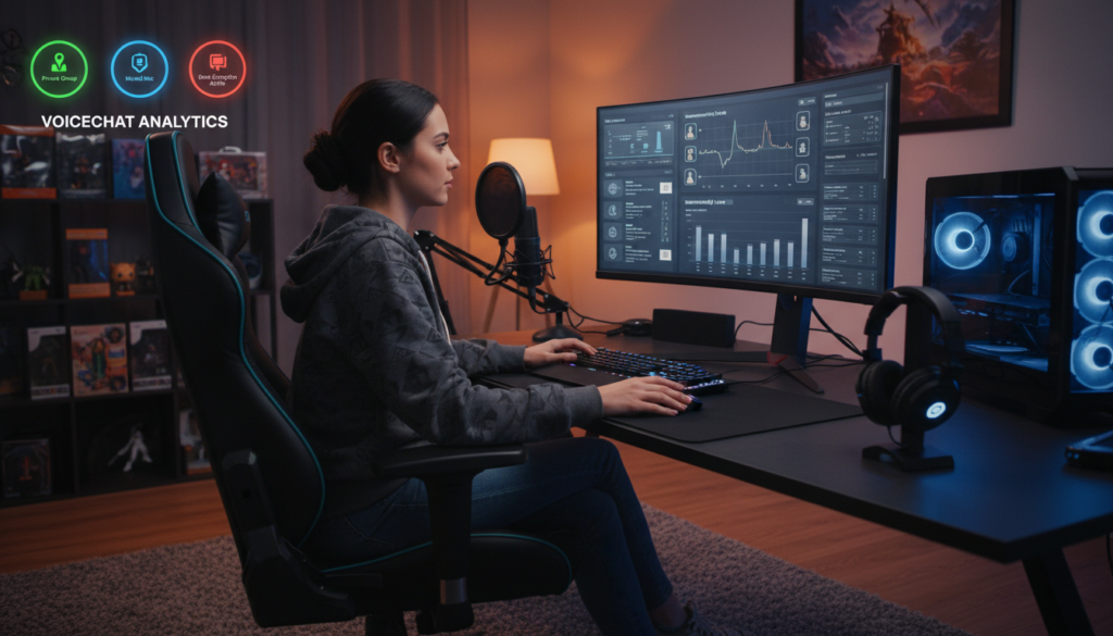 A professional gamer in a modern home office setting, seated at a sleek gaming desk with high-end gaming peripherals. In the foreground, a computer screen displays graphical data analytics of voice chat interactions, with indicators of privacy settings in vibrant colors. The middle ground features a stylish ergonomic chair and various gaming setup elements like a headset, microphone, and LED lights adding a tech-savvy atmosphere. The background is softly blurred, showcasing shelves with video game memorabilia and ambient lighting that creates a focused yet relaxed mood. The overall lighting is warm and inviting, with a slight glow from the screen highlighting the gamer's focused expression, dressed in casual but stylish clothing, emphasizing an environment that balances privacy management and gaming enjoyment.