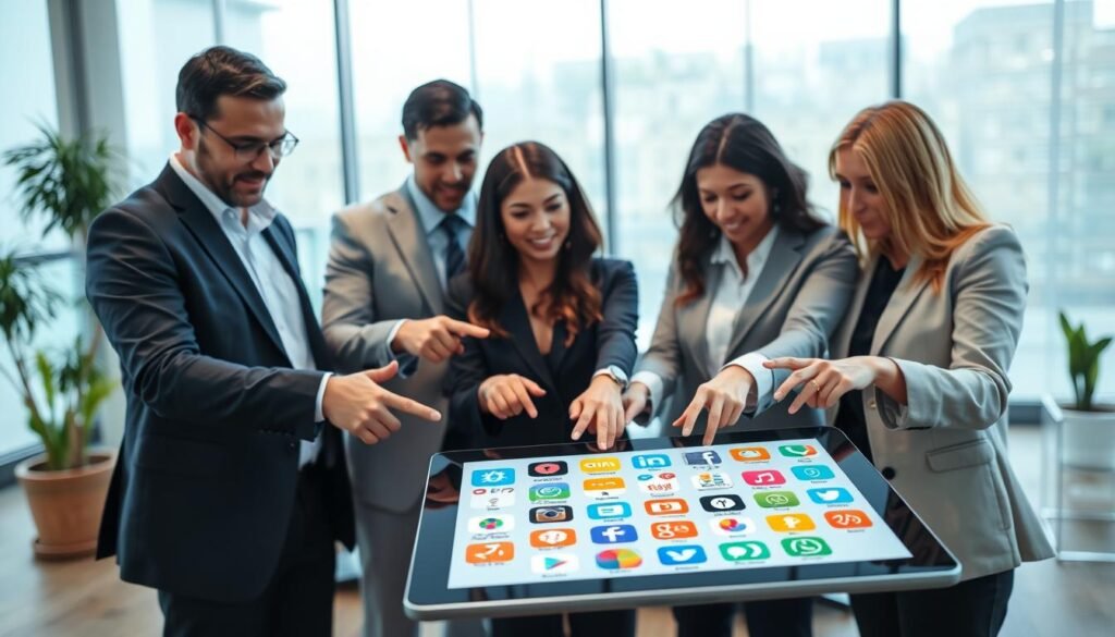 A professional setting showcasing a diverse group of individuals (two men and two women) dressed in business attire, actively engaging in a discussion around a large tablet displaying various money-making application icons. In the foreground, the tablet is clearly visible with colorful, recognizable app logos while the participants point to the screen, displaying interest and curiosity. The middle layer includes a modern office environment with sleek furniture and potted plants, ensuring a clean, organized atmosphere. The background features a large window with soft, natural light filtering in, creating a warm, inviting mood. The image conveys a sense of professionalism and collaboration, as they share tips on safely selecting money-generating applications.