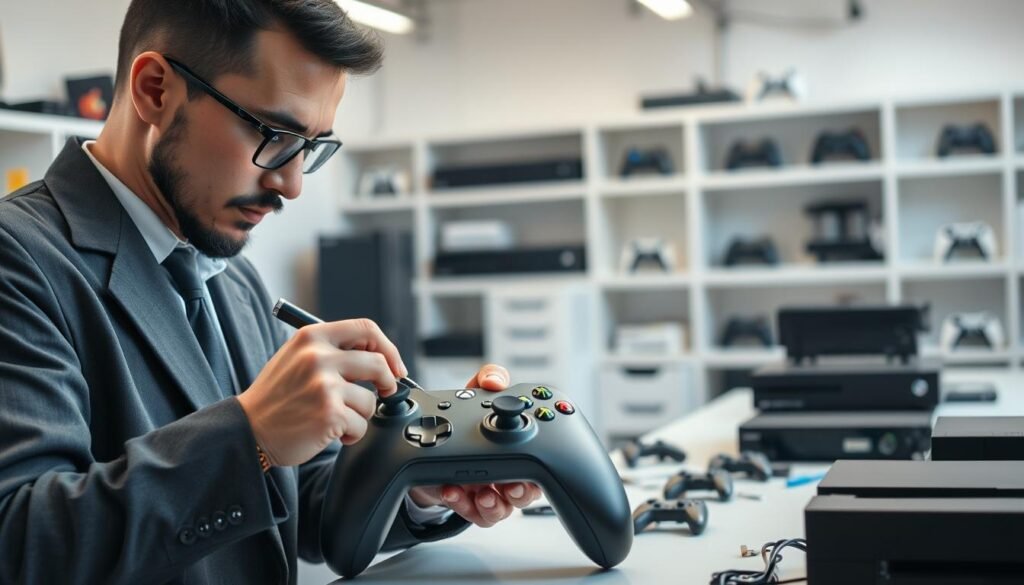 A professional setting showcasing an Xbox controller repair service. In the foreground, a skilled technician in a neat, professional outfit is delicately upgrading an Xbox controller with advanced Hall Effect technology. The technician is using precision tools, with focused expressions highlighting their expertise. In the middle ground, a clean, organized workbench filled with gadgets and tools dedicated to controller repair can be seen, emphasizing a high-tech environment. The background features a well-lit workshop with various consoles and controllers displayed on shelves. Soft, diffused lighting enhances the professional atmosphere, while a slight bokeh effect draws attention to the technician and the controller. The overall mood is one of innovation and professionalism, signifying a reliable upgrade service for Xbox controllers.