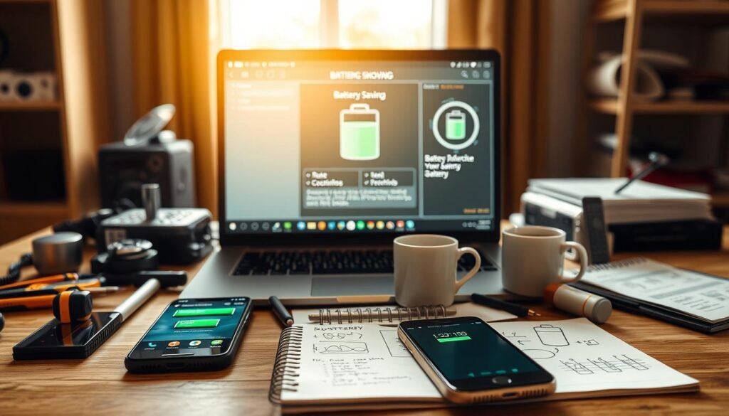 A professional tech workspace featuring a laptop screen displaying a battery-saving application interface, surrounded by tools and notes for troubleshooting. In the foreground, various phone models with battery icons and low power notifications are present. The middle ground includes coffee cups and a notepad with sketches for app optimization. In the background, a bright window allows natural light to illuminate the scene, creating a productive atmosphere. The setting should evoke a sense of focus and determination, with a warm color palette. Utilize soft, diffused lighting to enhance the clarity of the screen and devices. Capture the image from a slightly elevated angle to provide depth and interest to the arrangement. The image should reflect the preparatory theme without any text or branding. A professional tech workspace featuring a laptop screen displaying a battery-saving application interface, surrounded by tools and notes for troubleshooting. In the foreground, various phone models with battery icons and low power notifications are present. The middle ground includes coffee cups and a notepad with sketches for app optimization. In the background, a bright window allows natural light to illuminate the scene, creating a productive atmosphere. The setting should evoke a sense of focus and determination, with a warm color palette. Utilize soft, diffused lighting to enhance the clarity of the screen and devices. Capture the image from a slightly elevated angle to provide depth and interest to the arrangement. The image should reflect the preparatory theme without any text or branding.
