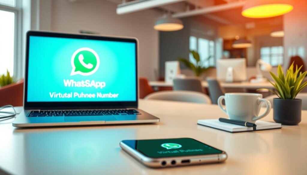 A professional workspace featuring a sleek laptop displaying the WhatsApp Business logo on the screen, suggesting the use of a virtual phone number. In the foreground, there’s a modern smartphone with a notification icon clearly visible, symbolizing communication. In the middle ground, an organized desk with a notepad, a cup of coffee, and a potted plant creates an inviting atmosphere. The background reveals a bright, well-lit office environment with subtle green plants and minimalistic decor, indicating a productive setting. The lighting is warm and soft, creating a friendly and approachable vibe. The angle is slightly tilted, providing a dynamic perspective that draws viewers into the scene, expressing efficiency and modernity in virtual communication.