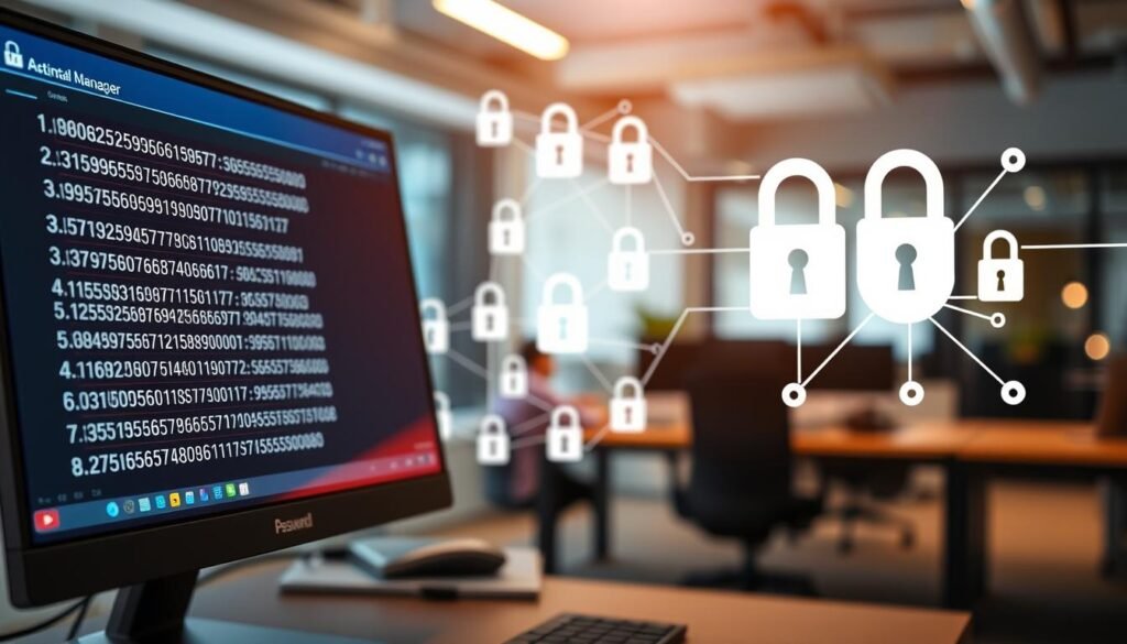 A professional workspace showcasing a digital environment focused on creating strong passwords. In the foreground, a sleek computer with an open password manager application displaying complex combinations of letters and symbols. The middle ground features a visual grid of interconnected padlocks and quantum computing elements, symbolizing security and technology, against a blurred backdrop of a modern office setting with soft, diffused lighting. The scene captures a mood of innovation and security, reflecting a sense of urgency and importance. Use a wide-angle lens to emphasize the workspace, with warm tones to create a welcoming environment, enhancing the concept of building a secure and quantum-resistant password system.