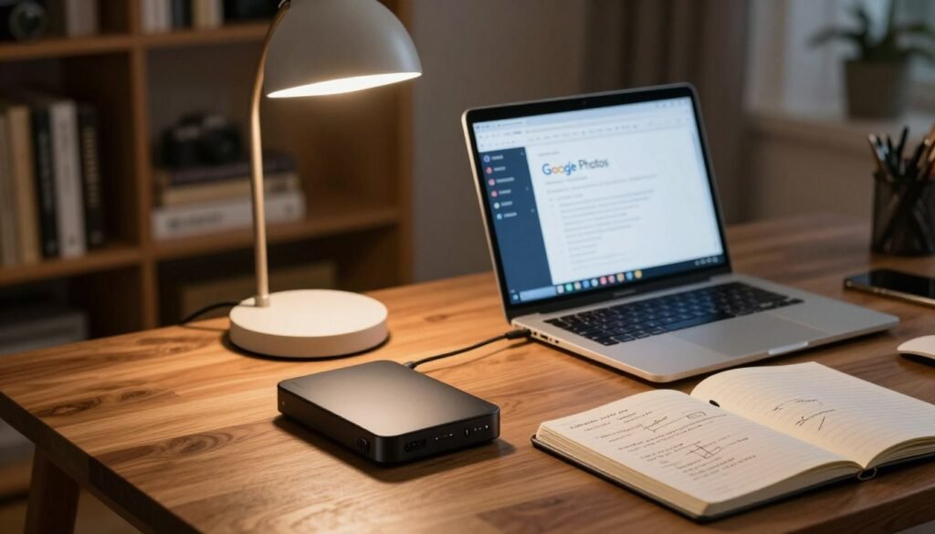 A serene and organized home office setup with a focus on technology. In the foreground, an external hard drive sits elegantly on a wooden desk, connected to a laptop displaying the Google Photos interface. The middle ground features a gentle glow emanating from a desk lamp, casting soft light on an open notebook filled with troubleshooting tips and diagrams related to photo backup. In the background, a cozy bookshelf filled with photography books adds warmth to the space. Dim ambient lighting enhances a calm atmosphere, suggesting late-night productivity. The overall mood is focused yet relaxed, ideal for problem-solving scenarios related to backing up photos effectively. The scene should be shot from a slightly elevated angle, capturing all elements harmoniously without any text or distractions.