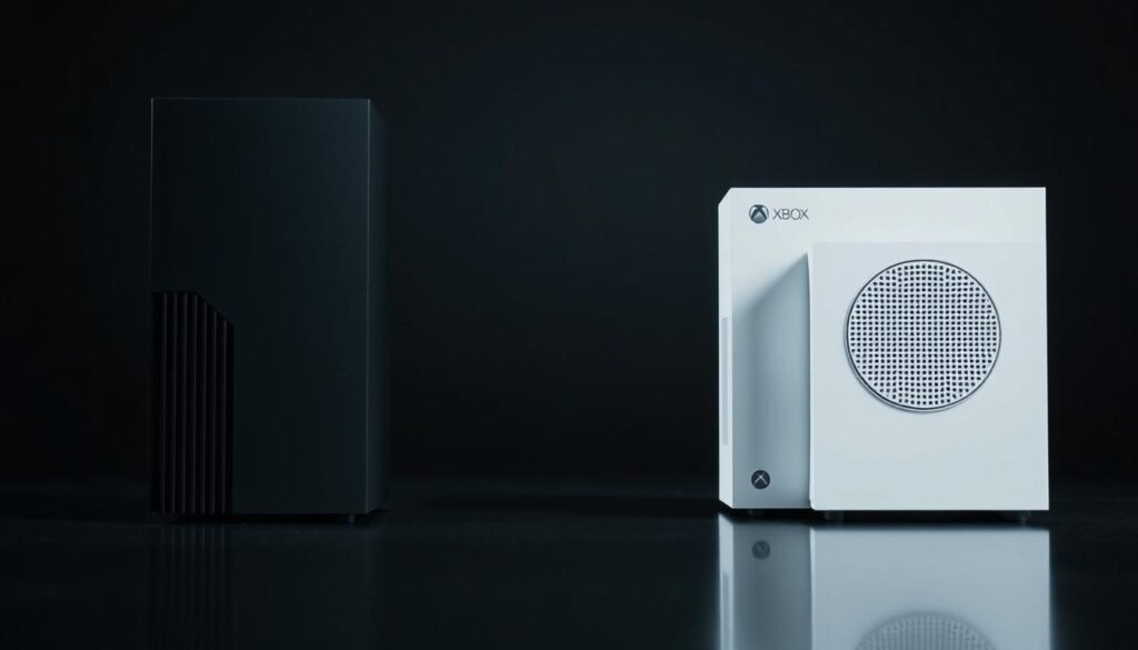A side-by-side comparison of the Xbox Series X and Xbox Series S, showcasing their unique designs and features. The Xbox Series X, featuring its sleek black tower design with a prominent cooling vent, stands on the left, while the Xbox Series S, with its compact white body and circular vent, is on the right. The foreground includes subtle reflections of both consoles on a glossy surface. In the middle ground, a subtle gradient background fades from dark to light, highlighting the consoles. Soft, diffused lighting casts gentle shadows that accentuate the shapes and textures of the consoles, creating a modern and tech-savvy atmosphere. The image conveys a sense of innovation and comparison, with a focus on the details of both systems.