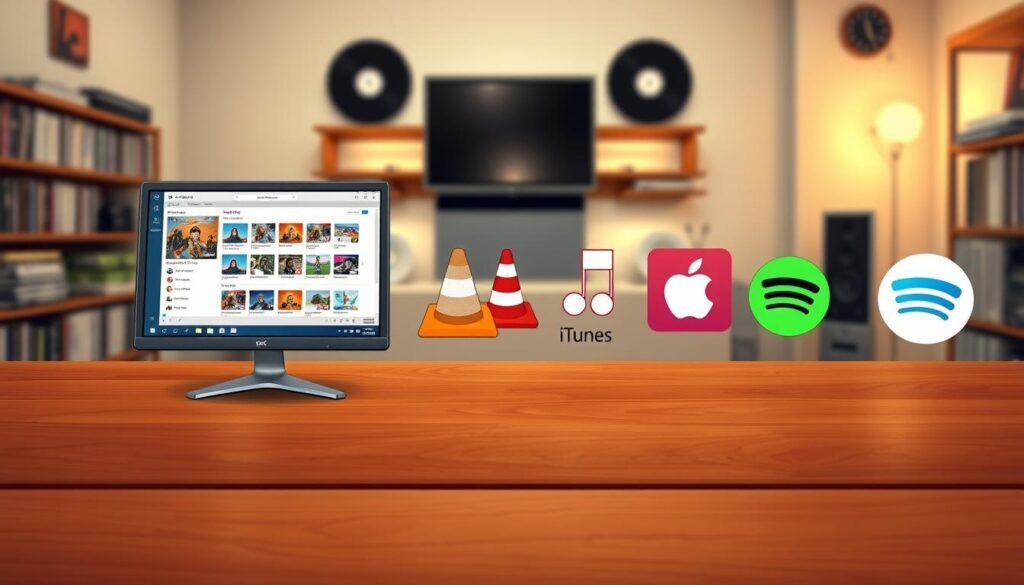 A side-by-side comparison of various media player technologies, showcasing Windows Media Player, VLC, iTunes, and Spotify. In the foreground, a sleek modern desktop featuring the Windows Media Player interface, displaying a vibrant music playlist. In the middle, illustrated visuals of each media player logo and interface elements, set against a polished wooden table. The background features a softly blurred room with ambient lighting, highlighting a tech-savvy environment, with shelves of CDs and vinyl records subtly illuminated. The atmosphere is contemporary and nostalgic, reflecting the evolution of media playback technology. Use warm lighting and a slightly elevated angle to create depth and focus on the comparison aspect. No text or logos are included; the emphasis is purely visual.
