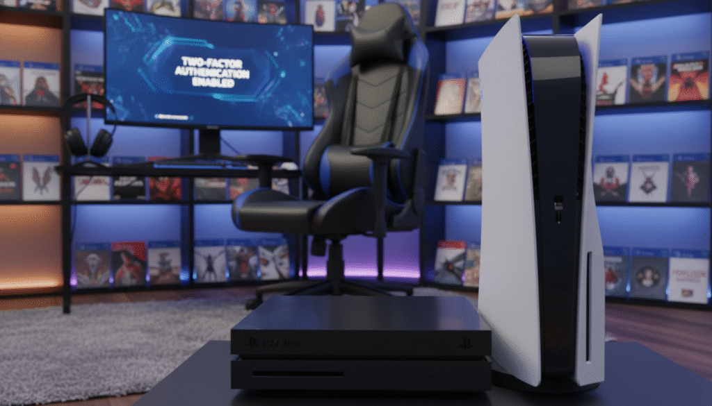 A sleek PlayStation console, positioned prominently in the foreground, showcasing the modern design of both PS4 and PS5 models with gleaming surfaces and stylish contours. The middle ground features a well-lit gaming setup, including a gaming chair, a vibrant gaming monitor displaying the system interface, and wireless headsets. In the background, soft ambient lighting creates a cozy gaming room atmosphere, with shelves displaying popular game titles and a subtle glow from LED lights. Use a shallow depth of field to focus on the consoles while softly blurring the surroundings. The overall mood is inviting and engaging, suggesting a secure and high-tech environment ideal for enabling Two-Factor Authentication.