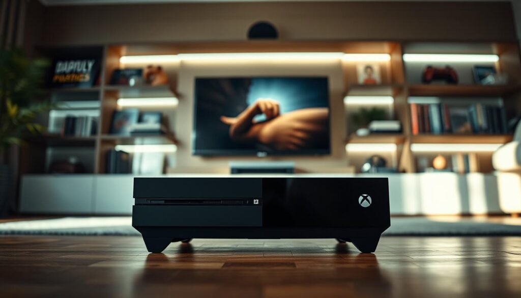 A sleek Xbox One console positioned prominently in the foreground, displaying its glossy black finish and distinctive shape. In the middle ground, an elegant gaming setup featuring a modern television and ambient LED lights casting a soft glow, enhancing the gaming atmosphere. The background features blurred shelves lined with popular game titles, suggesting a rich gaming culture. The scene is illuminated with soft, natural lighting that creates a warm and inviting mood. A low-angle perspective captures the console's design prominently, emphasizing its importance while evoking a sense of nostalgia for gamers. The overall atmosphere is dynamic yet reflective, hinting at the challenges faced in the gaming market.