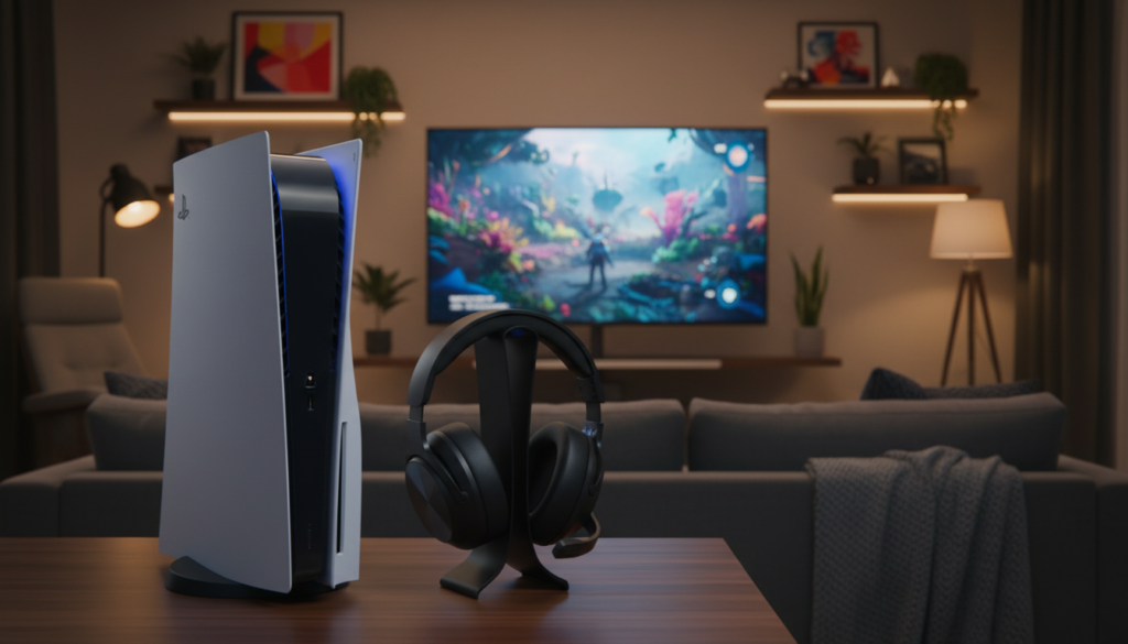 A sleek and modern PlayStation 5 console prominently displayed in the foreground, accompanied by a high-quality gaming headset designed for optimal 3D audio experience. The headset features plush ear cushions and a stylish design, positioned beside the console, which has a soft glow emanating from its LED lights. In the middle ground, a stylish living room setting showcases a flat-screen TV displaying vibrant game graphics. The background features a cozy and inviting atmosphere with dimmed lighting and subtle decor, enhancing the focus on the gaming setup. The overall image conveys a sense of excitement and immersion related to gaming, emphasizing the audio experience. The composition includes a slight angle to showcase both the console and headset effectively, inviting viewers into the world of advanced gaming audio.
