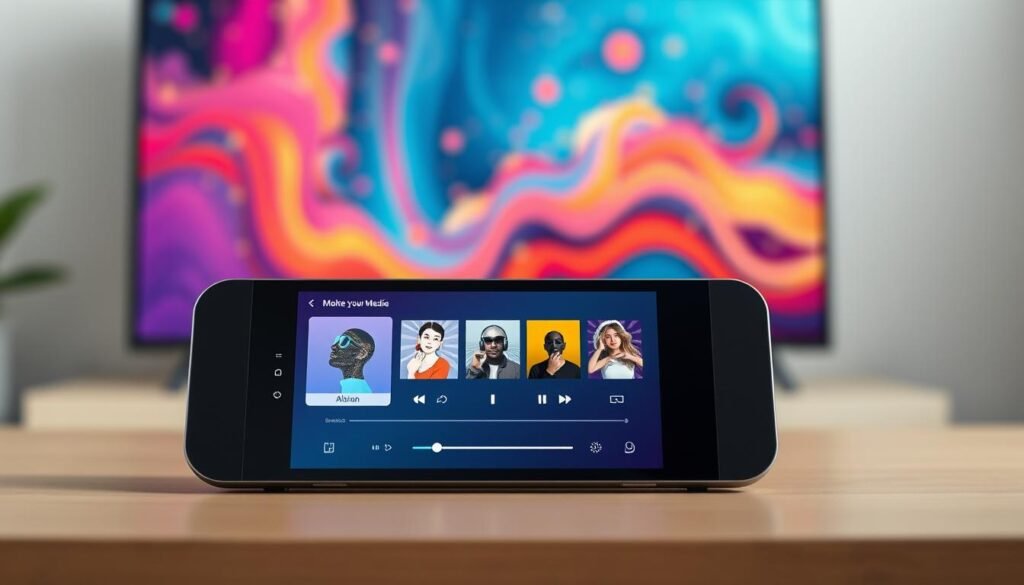 A sleek and modern media player design displayed prominently in the foreground, featuring a minimalist interface with colorful album art and intuitive controls. The middle layer showcases the player’s user-friendly navigation bar, designed with smooth gradients and modern icons. In the background, vibrant abstract digital artwork suggests a dynamic multimedia experience, symbolizing the evolution of media consumption. The composition is illuminated with soft, diffused lighting to enhance the sleek features of the player, while a slight bokeh effect creates depth. Capture this scene from a slightly elevated angle to emphasize the ergonomic design and feel of advanced technology, evoking a sense of nostalgia coupled with modernity in media playback. The overall mood is innovative and inviting, reflecting the transformative changes in the new media player interface.