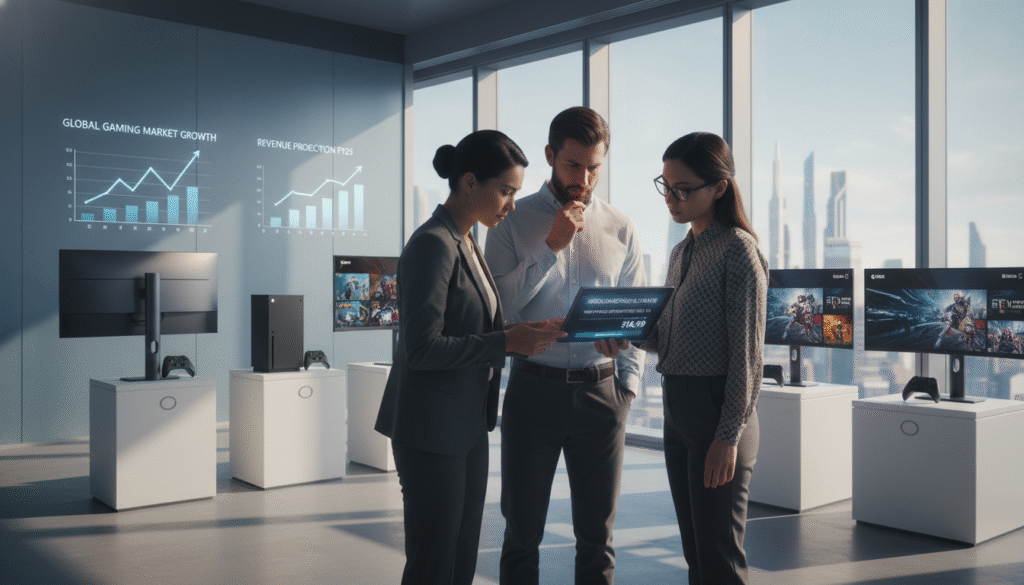 A sleek and modern office environment showcasing the concept of price increase in gaming services. In the foreground, a diverse group of three professionals in business attire are engaged in a focused discussion around a tablet displaying the new Xbox Game Pass Ultimate pricing. In the middle ground, there are gaming consoles and monitors illustrating the Xbox ecosystem, with charts and graphs projecting growth and market strategy on a wall. The background features large windows allowing warm, natural light to fill the room, enhancing the atmosphere of innovation and corporate strategy. The overall mood is serious yet optimistic, conveying a forward-looking view on the gaming industry's expansion and the strategic decisions behind pricing changes.