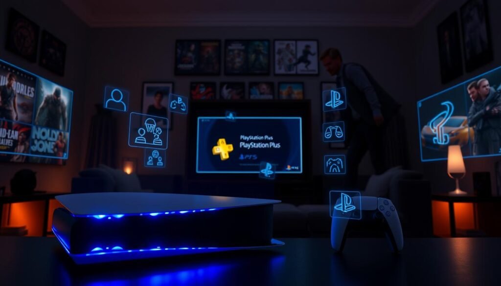 A sleek and modern representation of the PlayStation Plus integration with Partitioned Installation on the PlayStation 5 console. In the foreground, a PlayStation 5 console is displayed prominently, showcasing its distinctive design with vibrant blue LED lights. Surrounding it are game icons symbolizing various titles available through PlayStation Plus, each appearing as glowing holographic images. In the middle ground, a user interacts with the console, dressed in smart casual attire, focused on the screen displaying a crisp interface that highlights the new feature. The background features a dimly lit gaming room adorned with posters of popular games, creating an inviting atmosphere. Soft, ambient lighting accentuates the console and the interactive elements, enhancing the futuristic feel of the integration. The mood is one of excitement and innovation, inviting viewers into the next generation of gaming experiences.