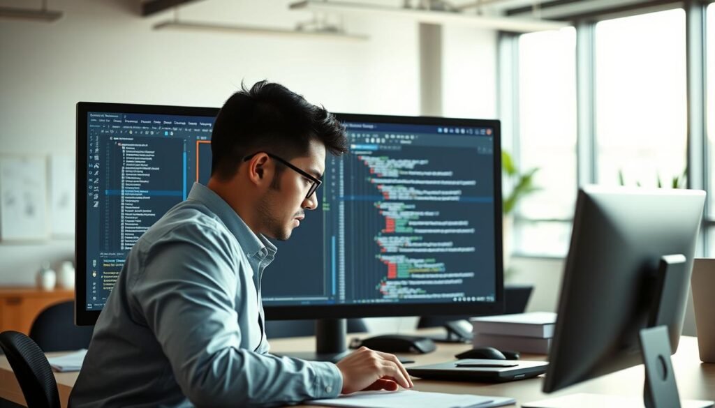 A sleek and modern workspace featuring a computer screen displaying the IntelliCode interface in Visual Studio 2022. In the foreground, a professional developer, dressed in business casual attire, is intently coding, surrounded by notes and coding references. The background showcases a large window with natural light streaming in, highlighting a contemporary office setup with minimalist decor. The overall atmosphere is one of focus and creativity, reflecting a high-tech environment that emphasizes AI-assisted programming. The image is framed to capture both the developer and the IntelliCode interface prominently, with a shallow depth of field to create a soft bokeh effect in the background, enhancing the subject's clarity.