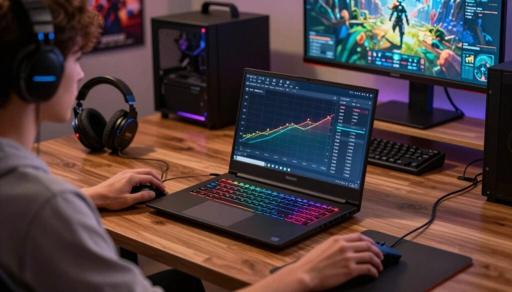 A sleek black gaming laptop with glowing RGB keyboard, positioned on a modern wooden desk, displaying a visually striking benchmark performance graph on its screen. The foreground features a focused individual in casual attire, engaged in gaming, surrounded by high-tech gaming peripherals like a mouse and headset. In the middle, the laptop stands out with its illuminated details, emphasizing the Intel Core Ultra 9 branding. The background features a cozy gaming environment with strategically placed LED lights, gaming posters, and a large monitor displaying vivid game graphics. The atmosphere is energetic and immersive, captured with a soft focus effect to highlight the laptop while maintaining a warm, inviting ambiance. The lighting is soft and ambient, creating a dynamic contrast that enhances the high-performance theme.