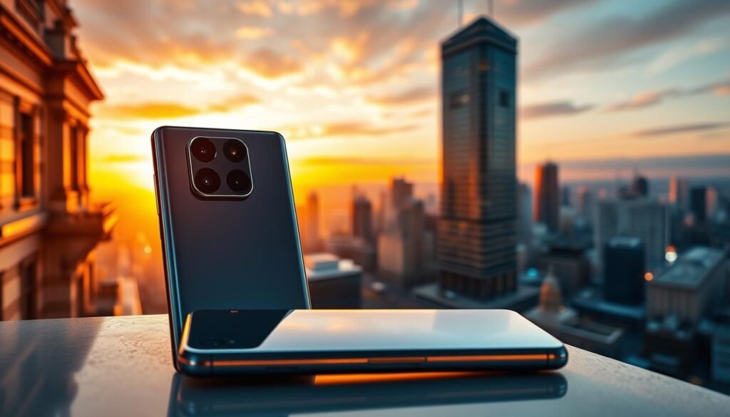 A sleek flagship smartphone, the Galaxy S24 Ultra, displayed prominently in the foreground, showcasing its advanced optical zoom capabilities. The device is angled slightly to reveal its stunning camera array, glinting in sunlight. In the middle ground, a vibrant cityscape transitions from close-up shots of architectural details to sweeping panoramic views, demonstrating the versatility of the optical zoom. The background features a vivid sunset, casting warm hues across the sky and reflecting off the buildings, adding depth and drama to the scene. Soft focus enhances the mood, creating an aura of sophistication and innovation. The atmosphere is dynamic and engaging, inviting viewers to appreciate the technological prowess of the smartphone. Optimal lighting emphasizes the details without harsh shadows.