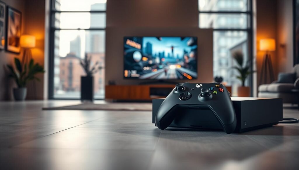 A sleek, futuristic Xbox Series X|S gaming console positioned prominently in the foreground, showcasing its angular design and matte finish under soft, ambient lighting. In the middle ground, a modern living room setting is visible, featuring a large flat-screen TV displaying a vibrant gaming scene, evoking excitement and anticipation. The background shows urban architecture through large windows, hinting at a busy city life. The overall atmosphere is a blend of advanced technology and cozy comfort, with warm tones accentuating a sense of innovation and enthusiasm. The image is captured from a low angle to emphasize the console's stature, utilizing a shallow depth of field to create a professional and polished look.