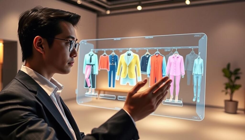 A sleek, futuristic virtual try-on interface displayed on a high-tech device, showcasing a stylish individual using augmented reality to experiment with various outfits. The foreground features a young adult of Asian descent, dressed in professional business attire, interacting with a holographic display of colorful clothing options. In the middle ground, a visually engaging array of garments appears, rendered in realistic detail, hovering around the user. The background is a modern, minimalist room with soft ambient lighting, highlighting the advanced technology. The atmosphere is dynamic and innovative, conveying the excitement of shopping with AR technology. Shot from a slightly elevated angle to capture both the user and the virtual garments effectively.