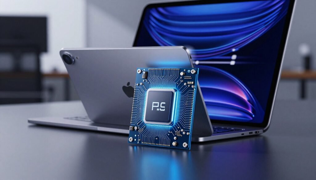 A sleek, modern 16-core neural engine designed for the iPad Pro, positioned prominently in the foreground, showcasing its intricate circuitry and advanced technology. The device is backlit with a soft blue glow, highlighting its contours and giving it a high-tech ambiance. In the middle ground, a sophisticated iPad Pro with a vivid display is visible, emphasizing its interface capabilities powered by the neural engine. The background features a blurred office setting, symbolizing productivity and innovation. The lighting casts dynamic shadows, creating an engaging atmosphere that feels both cutting-edge and inviting. The angle is slightly tilted to provide depth, focusing on the elegance of the iPad while portraying the unseen complexity of the neural engine driving its AI features.