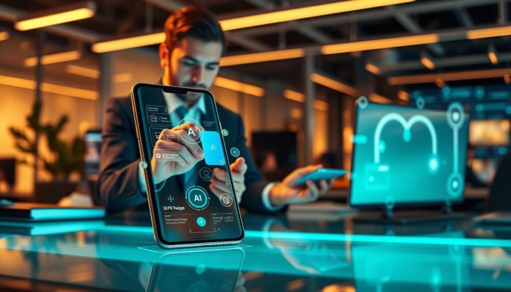 A sleek, modern Samsung Galaxy smartphone seamlessly integrating with the Google Gemini interface, depicted in a tech-forward office environment. In the foreground, the smartphone shows a vibrant, interactive display with AI features highlighted in a futuristic, holographic style. The middle ground features a professional in business attire, analyzing data on the phone, their face reflecting a sense of curiosity and innovation. The background is a stylish office filled with advanced technology, warm lighting highlighting the sleek design of the devices. The atmosphere is one of optimism and forward-thinking, showcasing the revolutionary collaboration between Samsung and Google. The focus should be on the smartphone and its capabilities, with a dynamic, engaging composition that captures the essence of technological advancement.